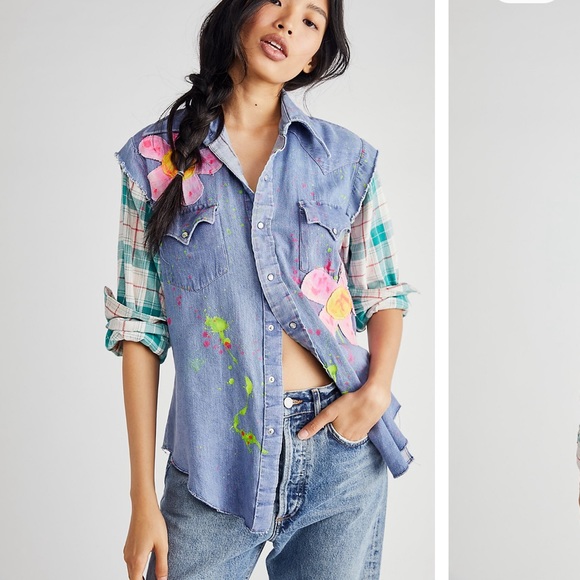 Free People 90's For Days Top Vintage Denim Flower Paint Splatter Shirt Jacket